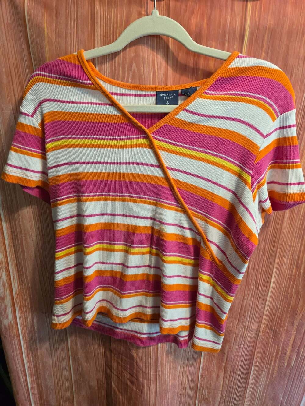 Mountain Lake Short Sleeve Striped V-Neck Wrap Knit T-Shirt Medium
